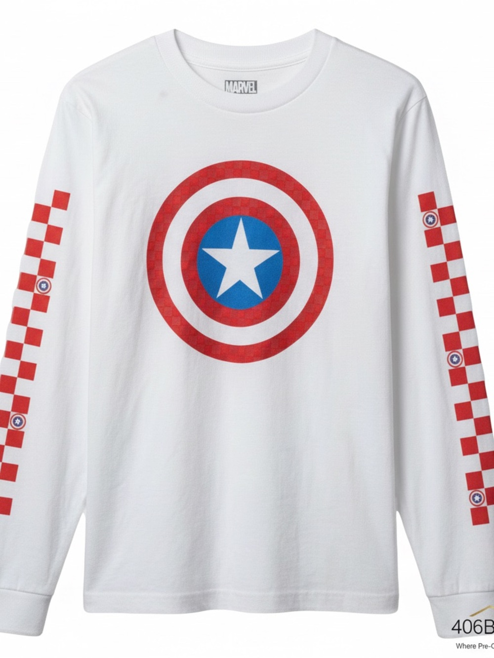 Vans White Long-Sleeve Tee with Red & Blue Shield Graphic